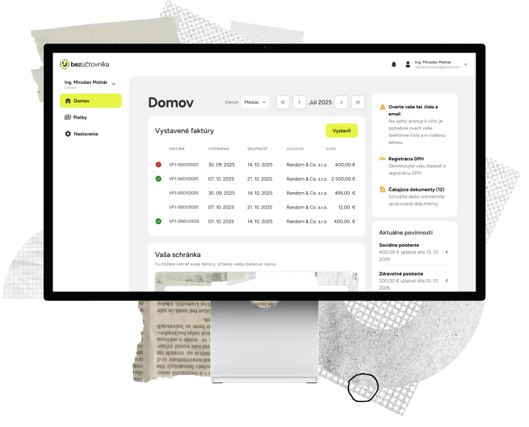 Náhľad do rozhrania aplikácie Bezúčotvníka - varovania na domovskej stránke aplikácie, ktoré upozorňujú na potrebu akcie ako overenie totožnosti, kontrola žiadosti registrácie DPH alebo schválenie nahraných dokumentov.