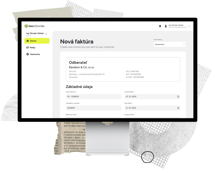 Náhľad do rozhrania aplikácie Bezúčotvníka - prehľadná vertikálna navigácia umiestnená na ľavej strane, zobrazujúca hlavné kategórie osobného účtu