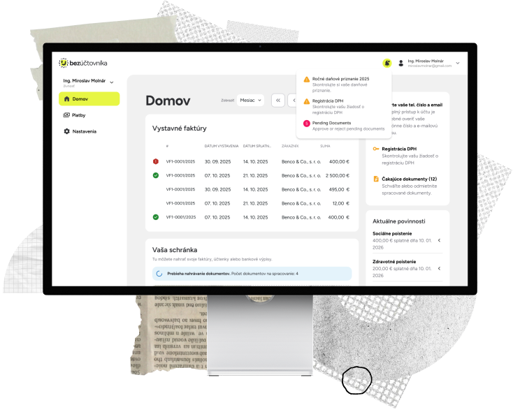 Náhľad do rozhrania aplikácie Bezúčotvníka - zobrazenie správ a notifikácií, ktoré upozorňujú na stav v účtovníctve a stav nahrávania dokumentov